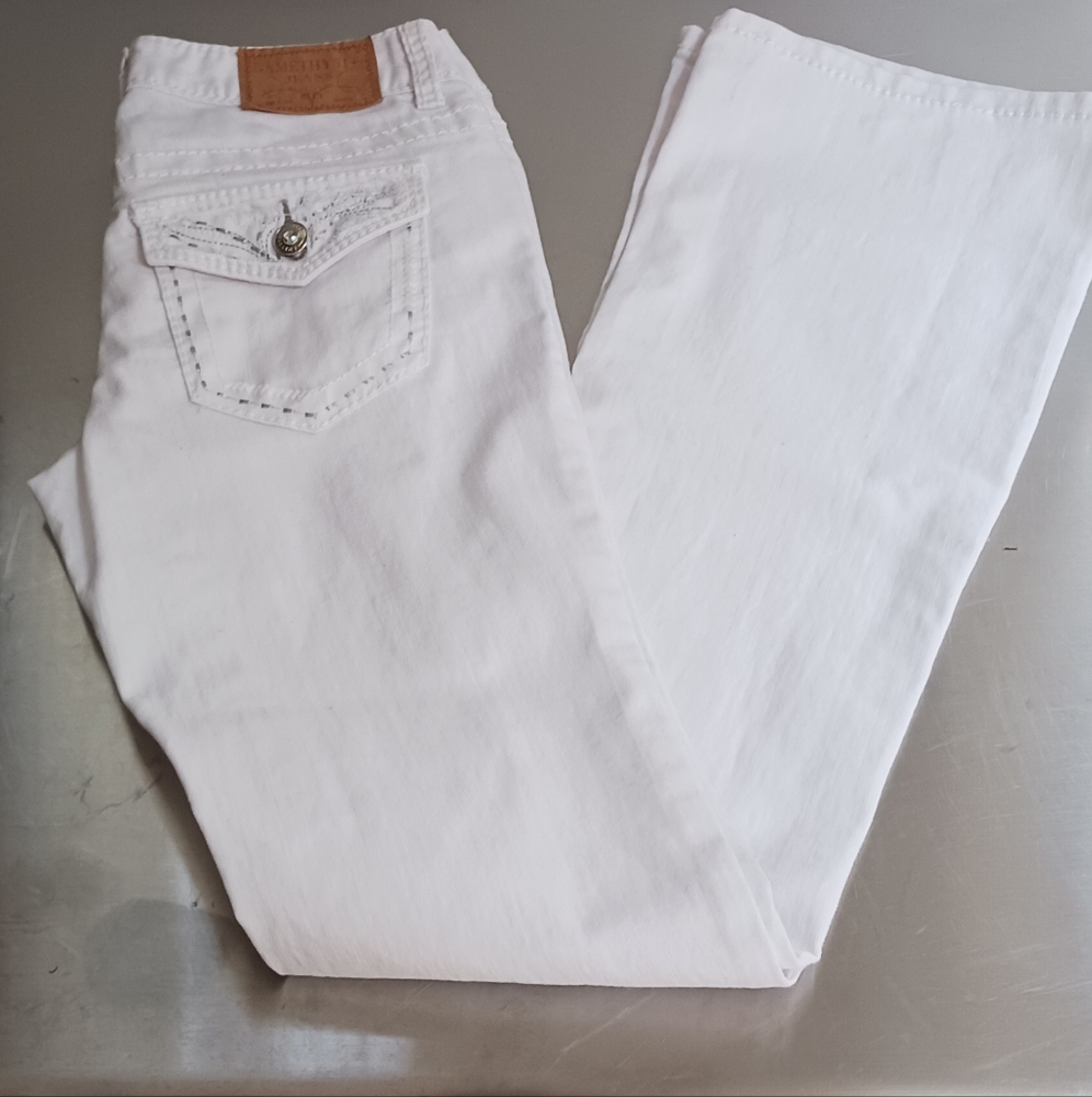 Amethyst Size 3 White Distressed Bling Low Rise Flare Leg Jeans